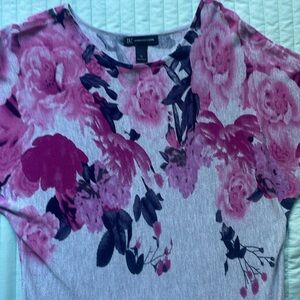 INC thin grey with pink & black floral design sweater top.
